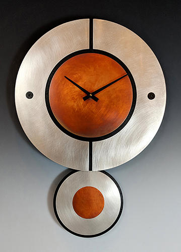 Zaki pendulum clock in steel, copper, and painted wood